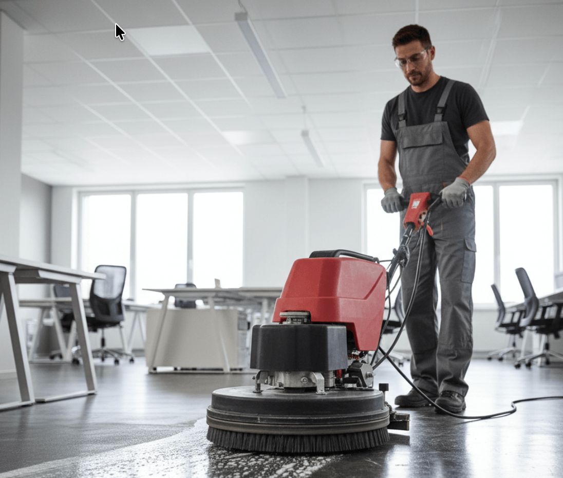 Büro- und Gewerbereinigung mit professioneller Bodenmaschine im Innenbereich